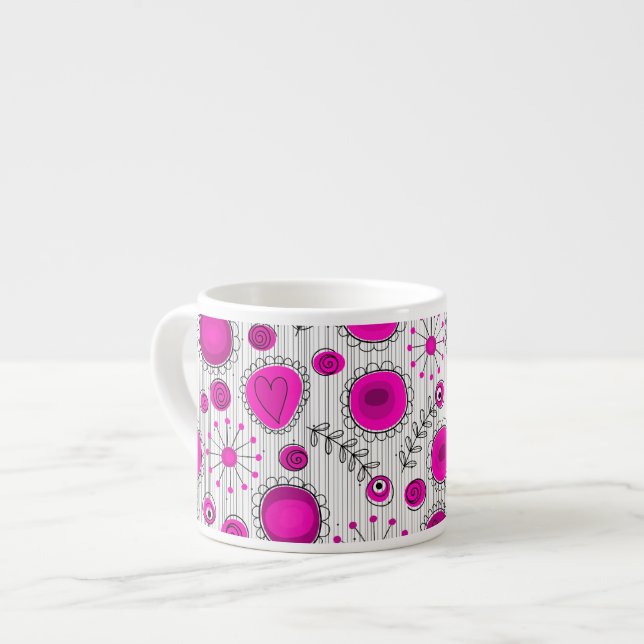 Whimsical Hot rosa, weiße Herzen und Blume, floral Espressotasse (Vorderseite Links)
