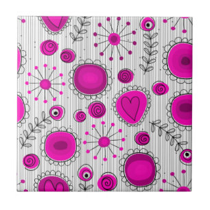 Whimsical Hot rosa, weiße Herzen und Blume, floral Fliese