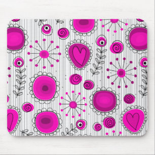 Whimsical Hot rosa, weiße Herzen und Blume, floral Mousepad