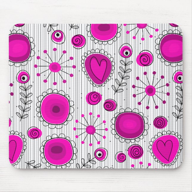 Whimsical Hot rosa, weiße Herzen und Blume, floral Mousepad (Vorne)
