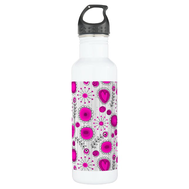 Whimsical Hot rosa, weiße Herzen und Blume, floral Trinkflasche (Vorderseite)