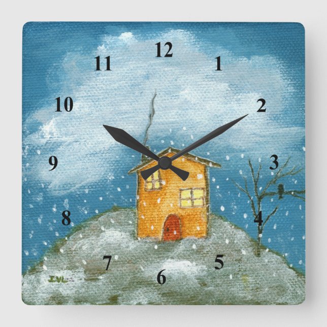 Whimsical House Schneesturm Tree Folk Art Malerei Quadratische Wanduhr (Vorderseite)