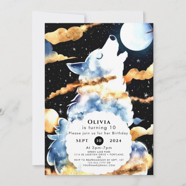 Whimsical Howling Wolf Birthday Einladung (Vorderseite)