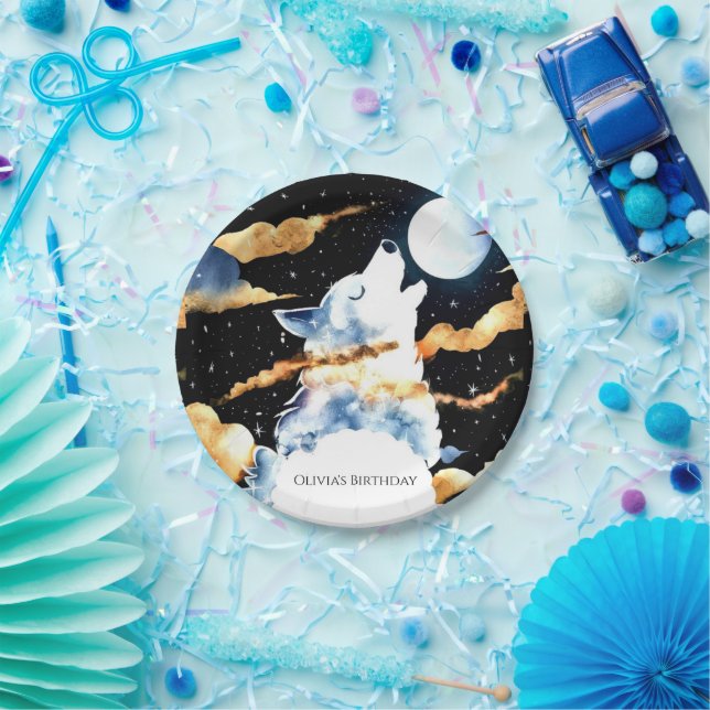 Whimsical Howling Wolf Birthday Pappteller (Party)