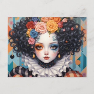 Whimsical Hübsch Clown Girl mit farbenfrohen Blume Postkarte