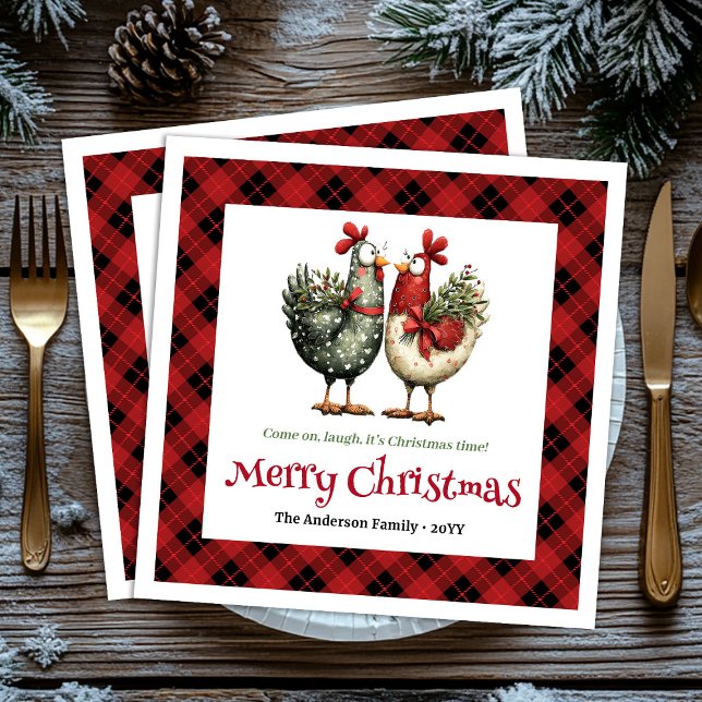 Whimsical-Hühner-Weihnachtsservietten editierbarer Serviette (Whimsical chickens Christmas napkins editable name)