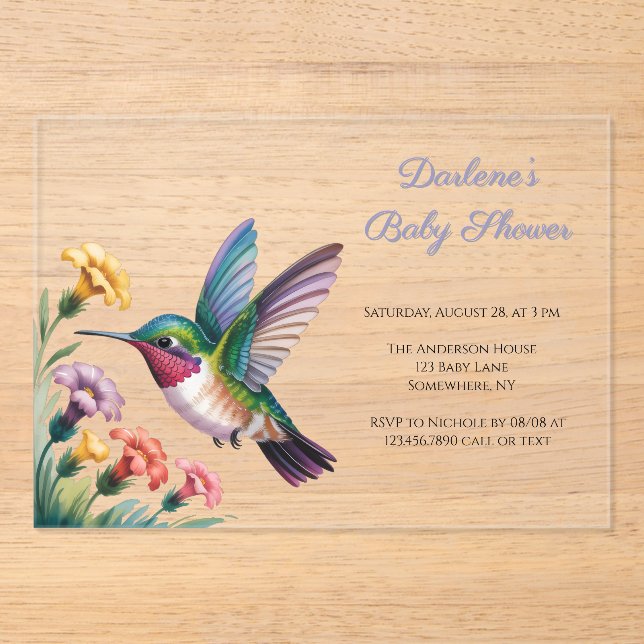 Whimsical Hummingbird Floral Baby Shower Acryleinladungen (Vorderseite)