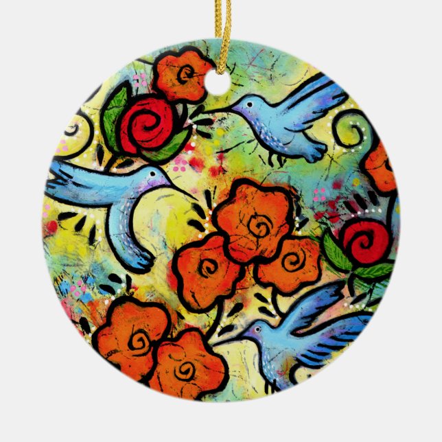 Whimsical Hummingbird Garden Colorful Bird Keramik Ornament (Vorne)