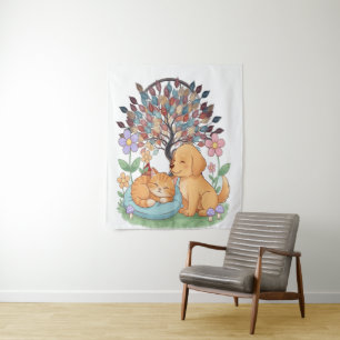 Whimsical Hund & Katze Teppich – Farbige Natur Wal Wandteppich