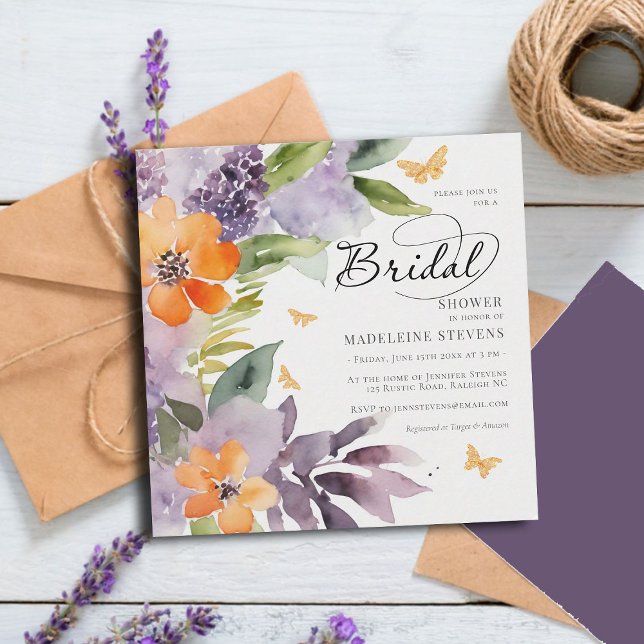 Whimsical Hydrangea Lavender Orange Brautparty Einladung (rustic lavender hydrangea purple orange bridal shower invitation modern romantic garden party chic)
