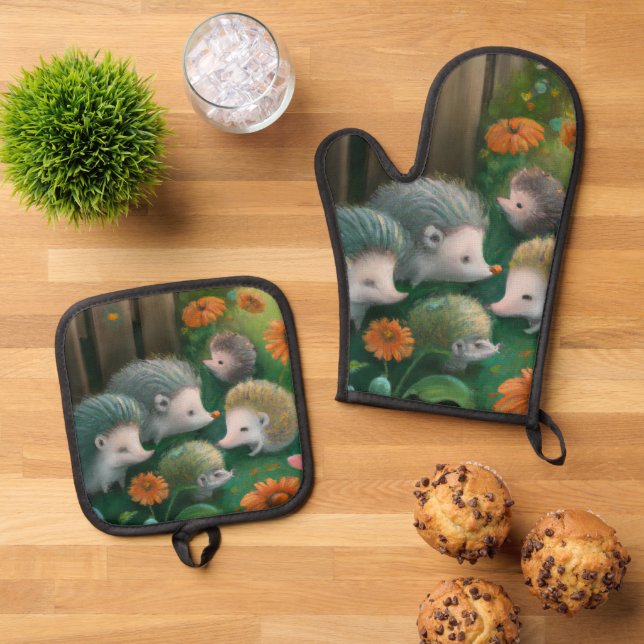 Whimsical Igel Family Picnicken im Garten Ofenhandschuh & Topflappen-Set (Oben Unten)