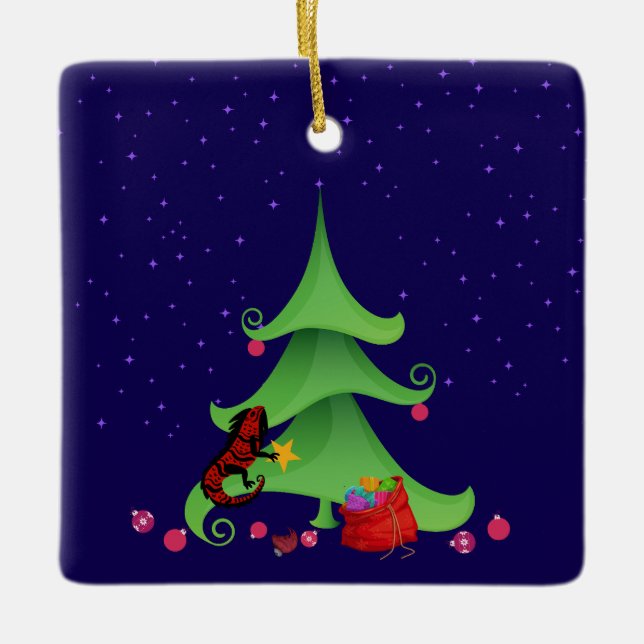 Whimsical Iguana Oh Weihnachtsbaum Keramikornament (Vorderseite)