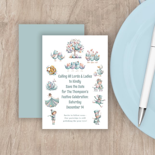 Whimsical Illustration 12 Tage Weihnachten Save The Date (Front and back view)