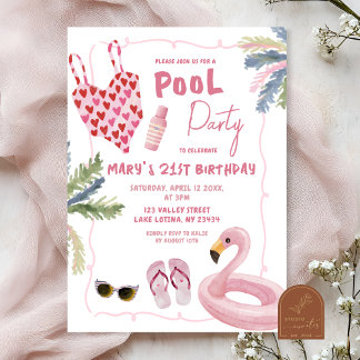 Whimsical Illustration Girl Pool Party Einladung