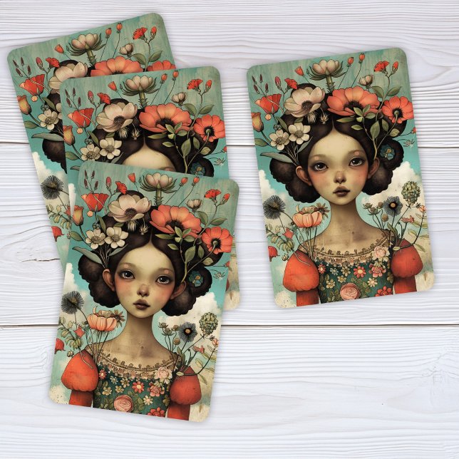 Whimsical Illustration Lady mit Blume Spielkarten (Von Creator hochgeladen)