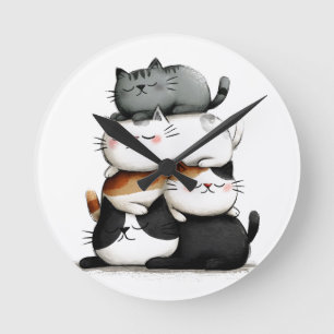 Whimsical Illustration of a Stack of Adorable Cats Runde Wanduhr