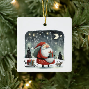 Whimsical Illustration Weihnachtsmann mit Geschenk Keramikornament