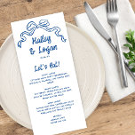 Whimsical Illustriert Bow Moderne Fun Wedding Menükarte<br><div class="desc">Diese moderne Hochzeitskarte bietet eine handgezeichnet Bugillustrierung und handgeschriebene Typografie im vollblauen Farbton. Der Look ist handgemacht und macht Spaß,  aber dennoch romantisch und elegant! Weitere Informationen finden Sie in der Auflistung.</div>