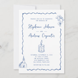 Whimsical Illustriert Cobalt Blue Wedding Einladung