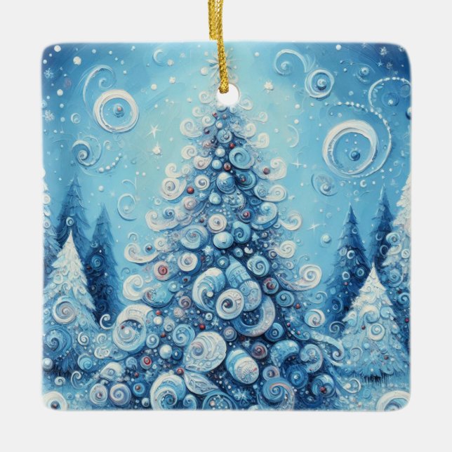 Whimsical Impressionistischer Weihnachtsbaum Blue Keramikornament (Vorderseite)