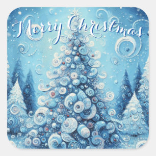 Whimsical Impressionistischer Weihnachtsbaum Blue Quadratischer Aufkleber