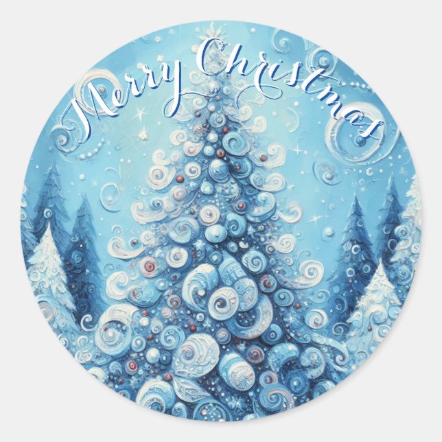 Whimsical Impressionistischer Weihnachtsbaum Blue Runder Aufkleber (Vorderseite)