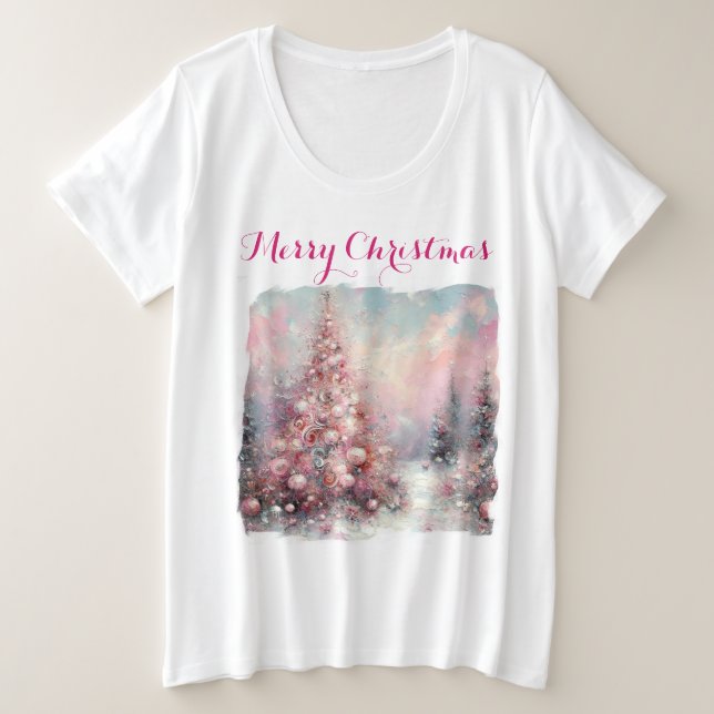 Whimsical Impressionistischer Weihnachtsbaum Pink Große Größe T-Shirt (Design vorne)