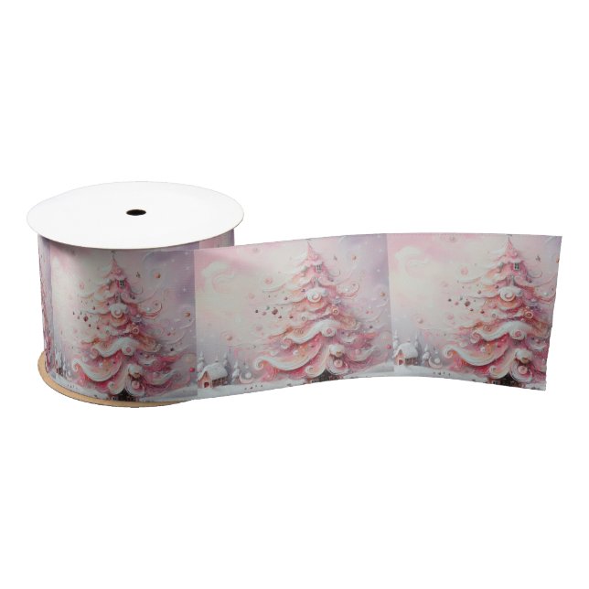 Whimsical Impressionistischer Weihnachtsbaum Pink Satinband (Spule)