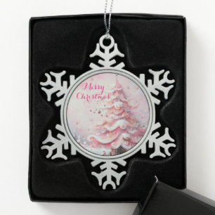 Whimsical Impressionistischer Weihnachtsbaum Pink Schneeflocken Zinn-Ornament