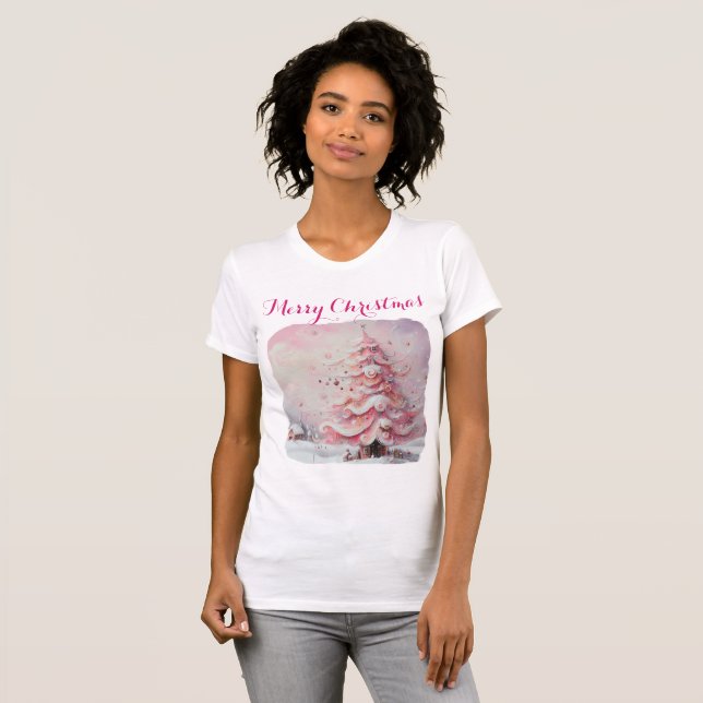 Whimsical Impressionistischer Weihnachtsbaum Pink T-Shirt (Vorne ganz)