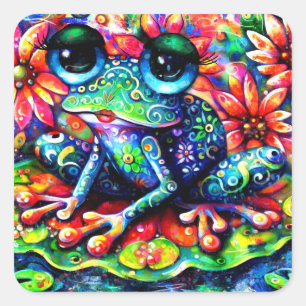 Whimsical Impressionistisches Fröschengemälde Quadratischer Aufkleber