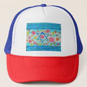 Whimsical israelische Flagge Hut mit Blume & Herze Truckerkappe