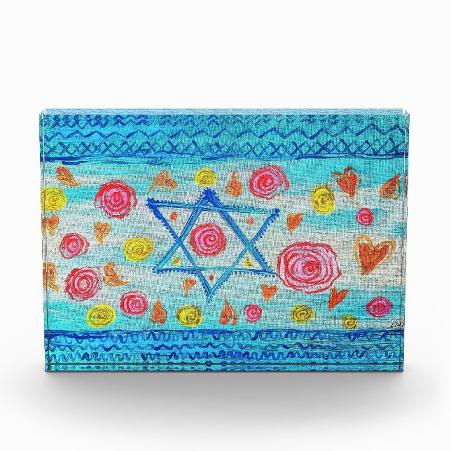 Whimsical israelische Flagge mit Blume & Herzen Fotoblock (Vorderseite)