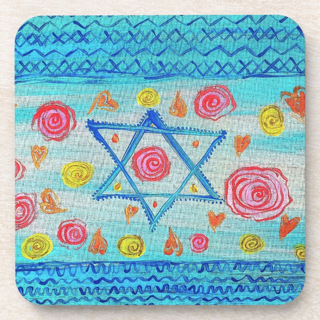 Whimsical israelische Flagge mit Blume & Herzen Getränkeuntersetzer (Vorderseite)
