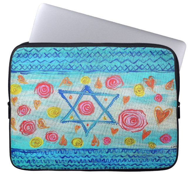 Whimsical israelische Flagge mit Blume & Herzen Laptopschutzhülle (Vorderseite)
