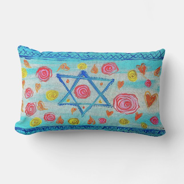 Whimsical israelische Flagge mit Blume & Herzen Lendenkissen (Vorderseite)