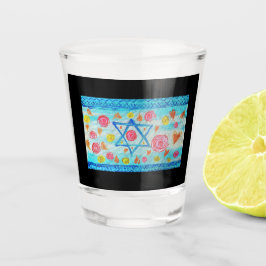 Whimsical israelische Flagge mit Blume & Herzen Schnapsglas