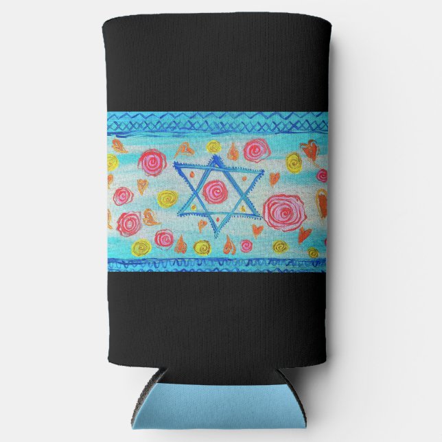 Whimsical israelische Flagge mit Blume & Herzen Selters Dosenkühler (Vorderseite)