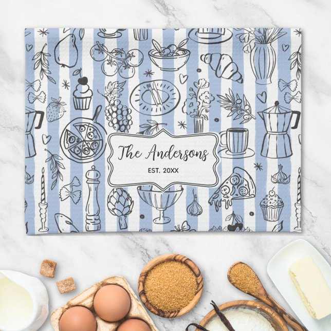 Whimsical Italian Food Illustration Blue Stripes Geschirrtuch (In situ)