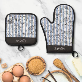 Whimsical Italian Food Illustration Blue Stripes Ofenhandschuh & Topflappen-Set