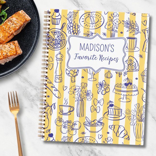 Whimsical Italian Food Illustration Yellow Recipe Notizbuch (In situ)