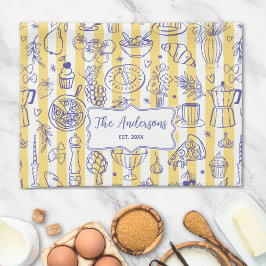 Whimsical Italian Food Illustration Yellow Stripes Geschirrtuch