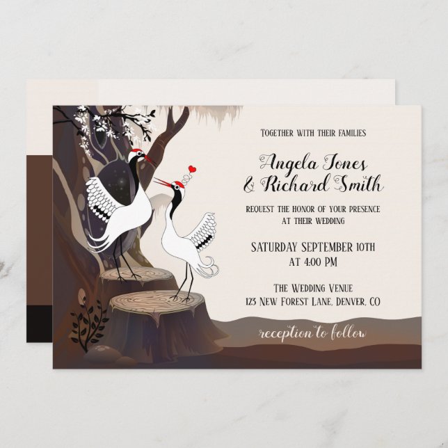 Whimsical Japanese Cranes Wedding Einladung (Vorne/Hinten)