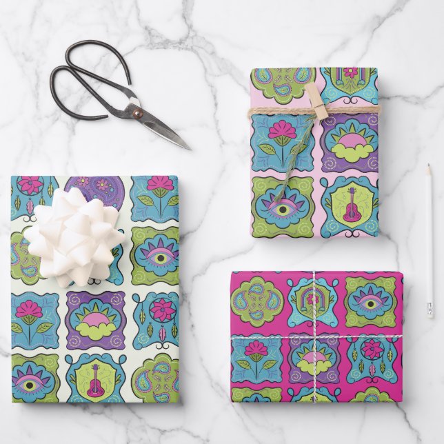 Whimsical Jewel Tones Handgezeichnete Boho Frames Geschenkpapier Set (Vorderseite)