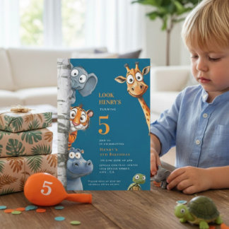 Whimsical Jungle Animals Blue Birthday Invitation Einladung