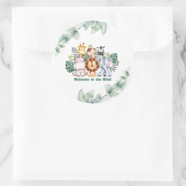 Whimsical Jungle Safari Animal Birthday Runder Aufkleber (Tasche)