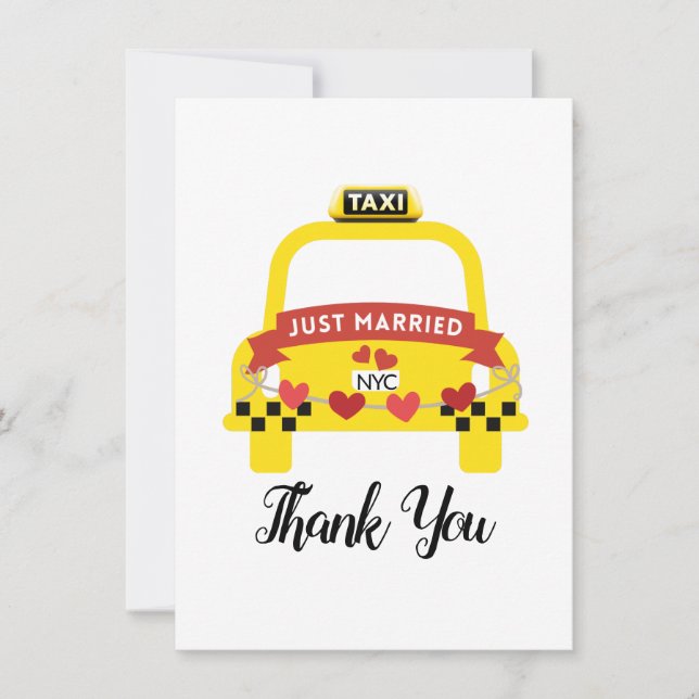 Whimsical Just Married Taxi Thank You Dankeskarte (Vorderseite)