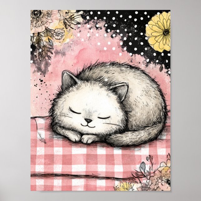 Whimsical Katzen-Blumen-Aquarell-Kunst Poster (Vorne)