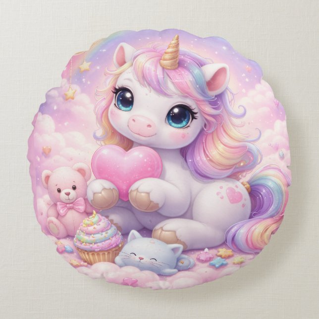 Whimsical Kawaii Unicorn & Friends Pastel Cloud Rundes Kissen (Vorderseite)