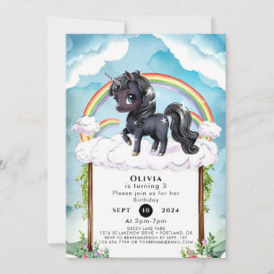 Whimsical Kids Black Unicorn Geburtstag Einladung